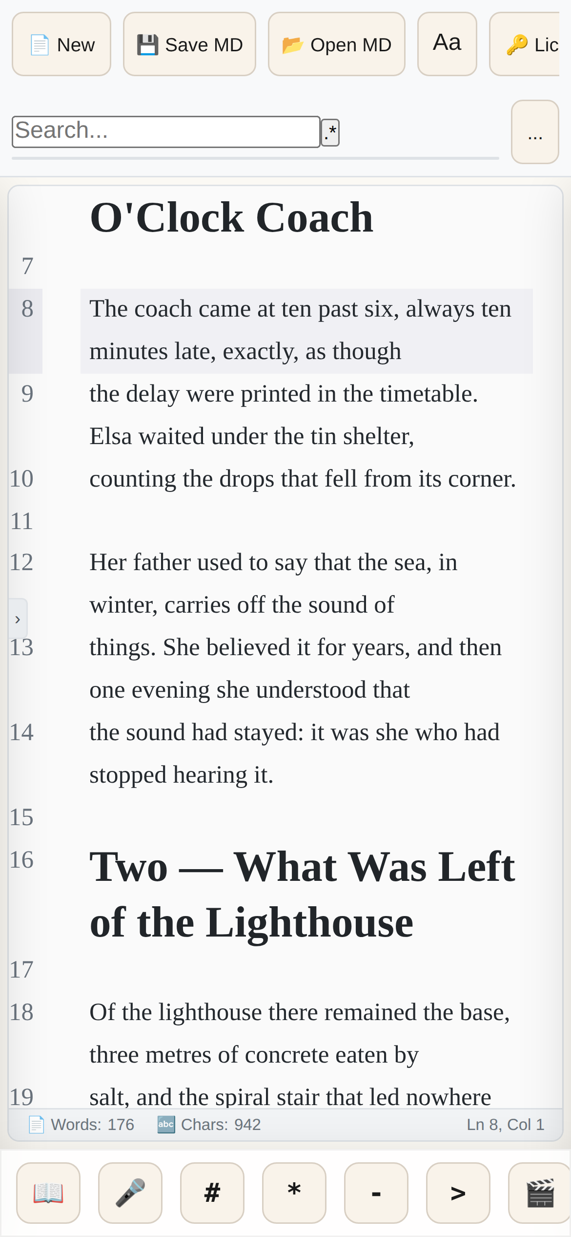 The PressWork Mobile editor on a phone, with a manuscript and live preview