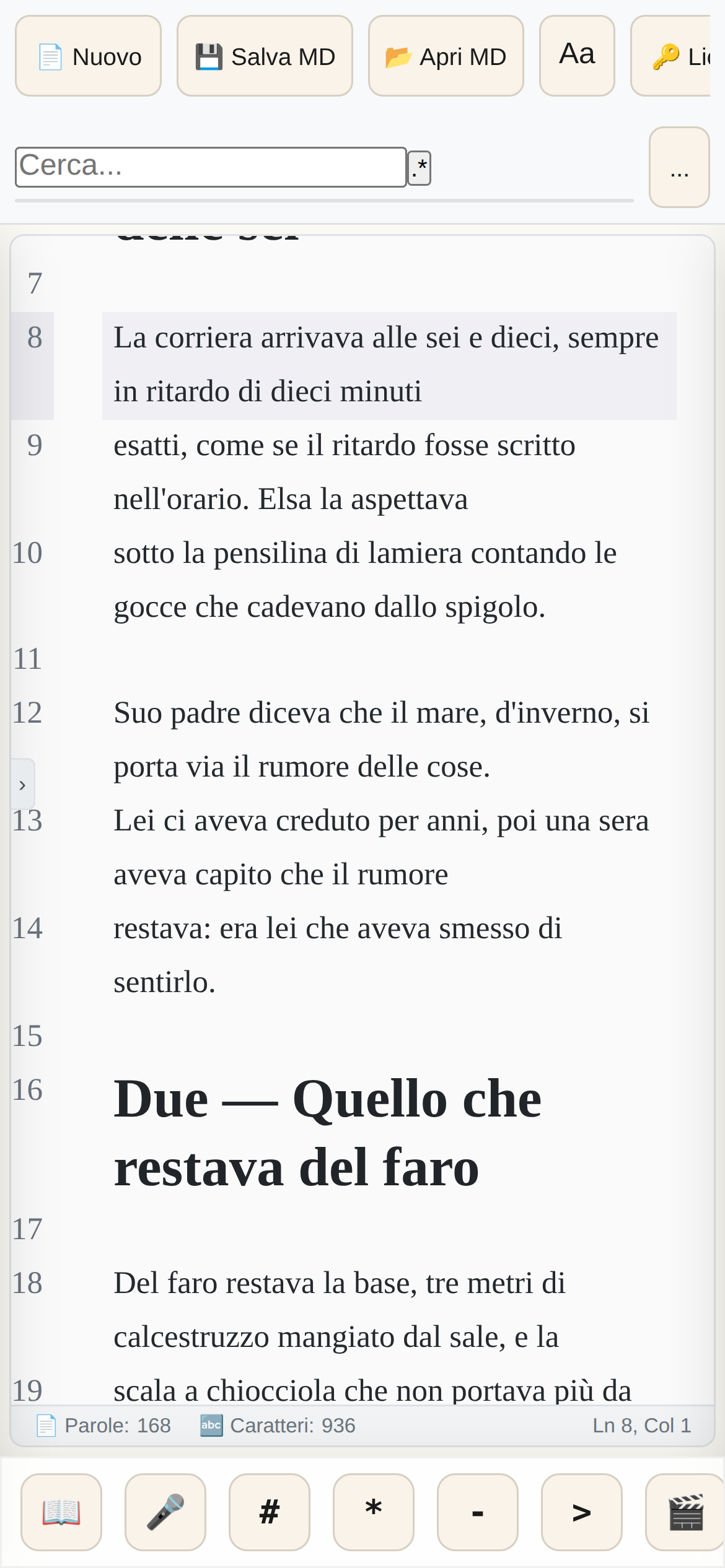 L'editor di PressWork Mobile su telefono, con un manoscritto e l'anteprima dal vivo
