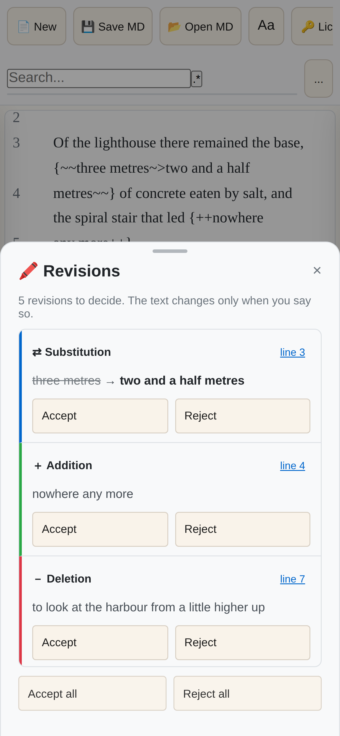 PressWork Mobile on a phone: revisions accepted or rejected one by one