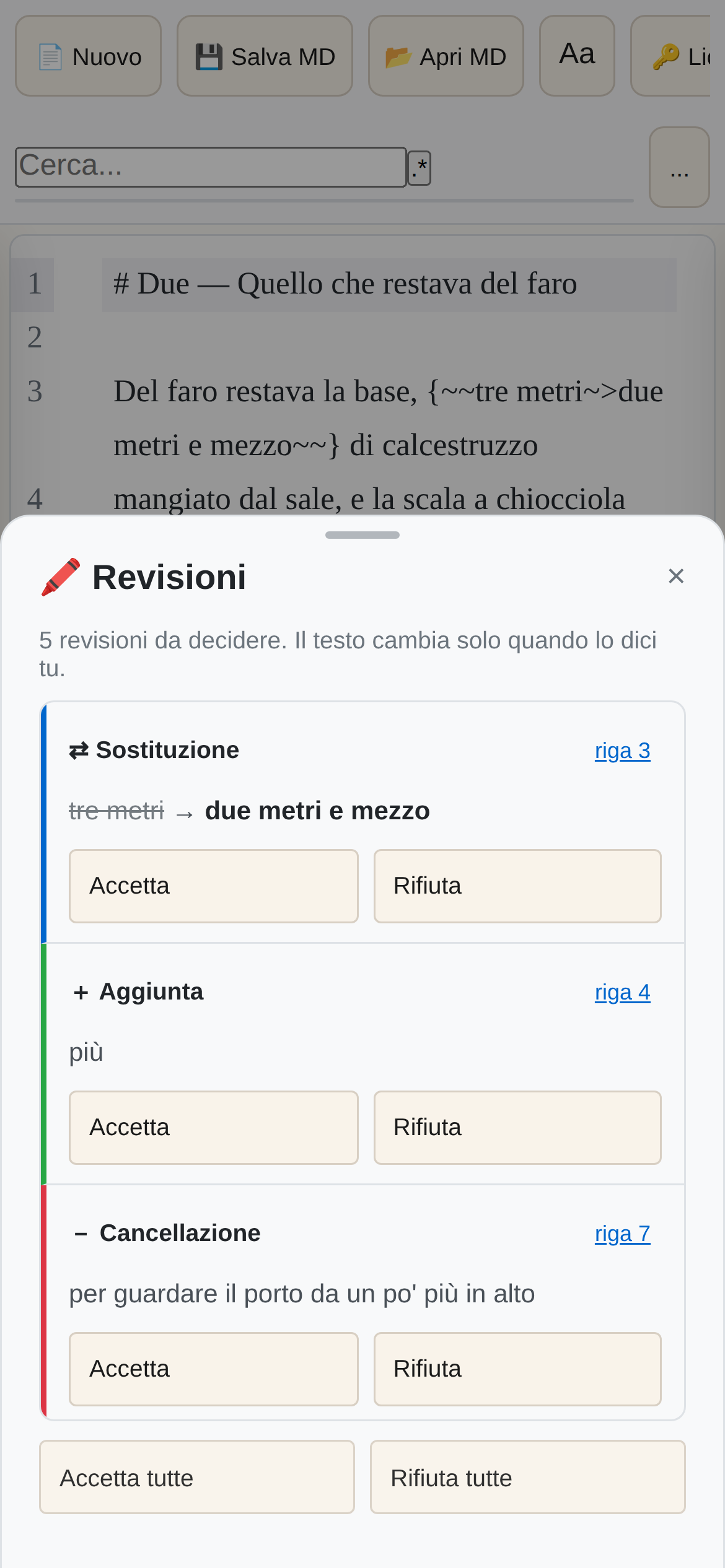PressWork Mobile su telefono: le revisioni si accettano o si rifiutano una per una