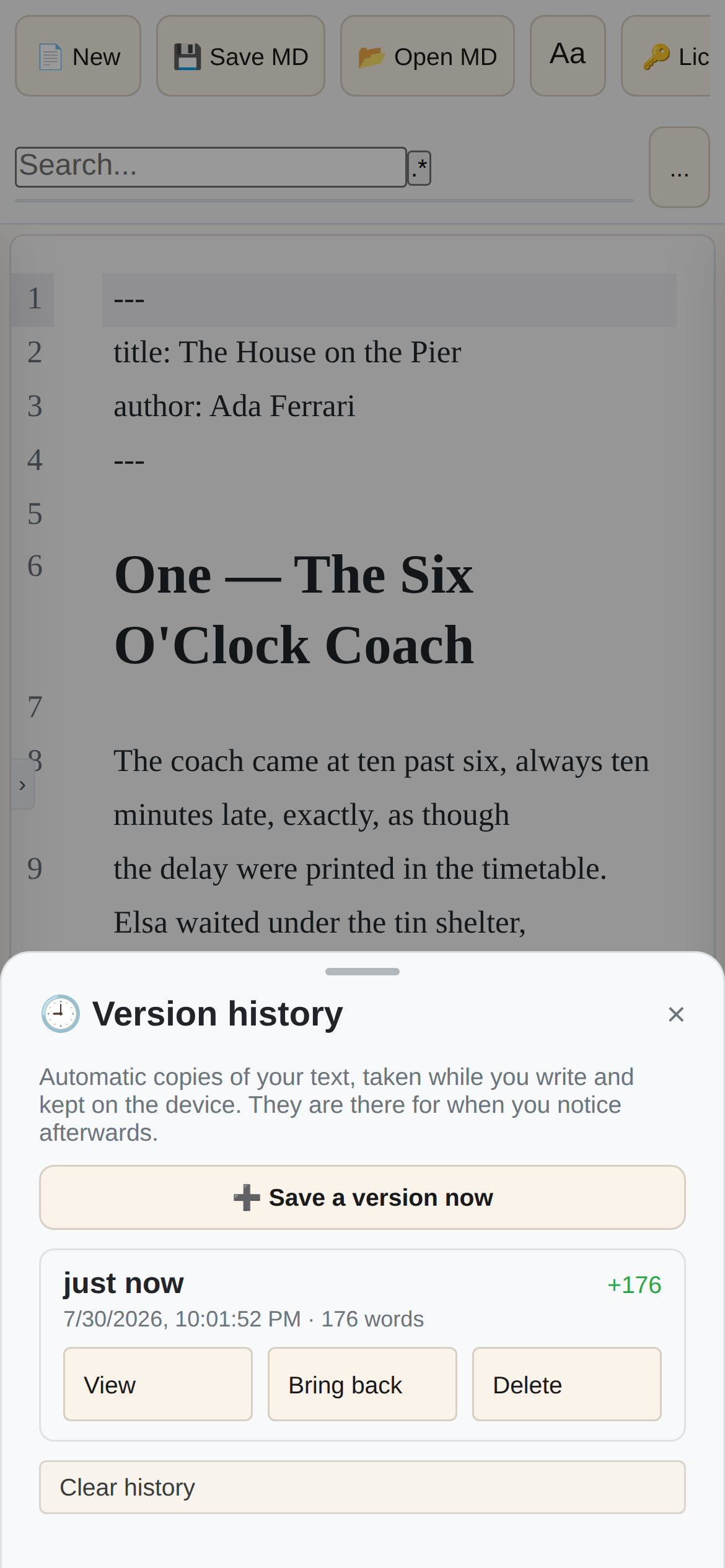 PressWork Mobile version history, with saved checkpoints