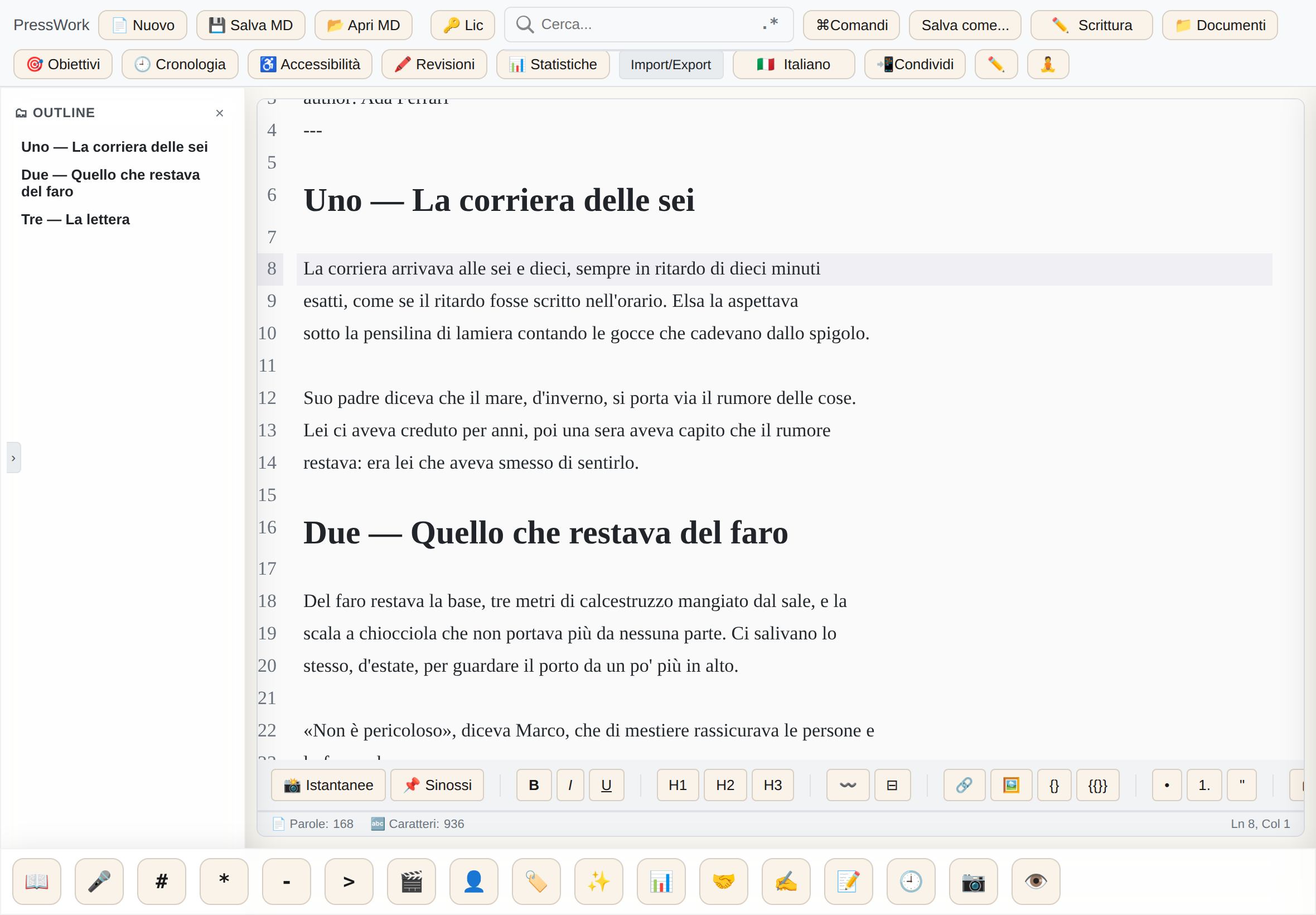 PressWork Mobile su tablet: indice dei capitoli e testo affiancati