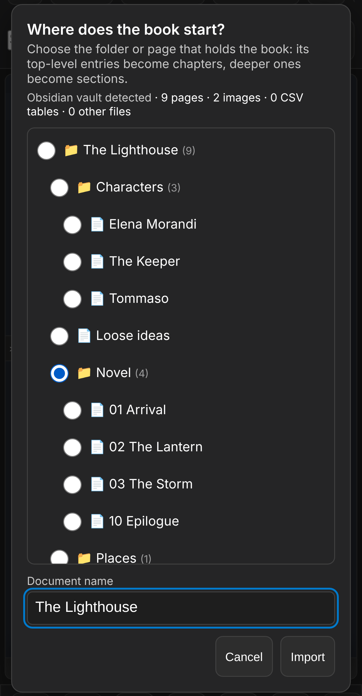 The «Where does the book start?» dialog on a phone: the tree of an Obsidian vault with the folders Characters, Novel and Places; Novel is selected, and a line above reads «Obsidian vault detected · 9 pages · 2 images».