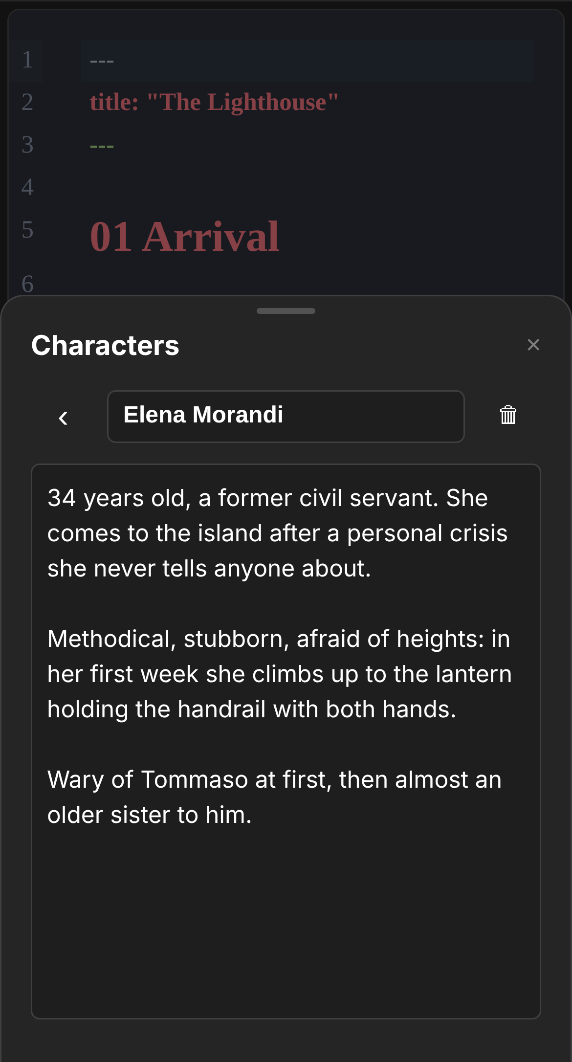 The character card for Elena Morandi open above the chapter text: her name at the top, and below it the description — age, former job, character, and her relationship with another character.