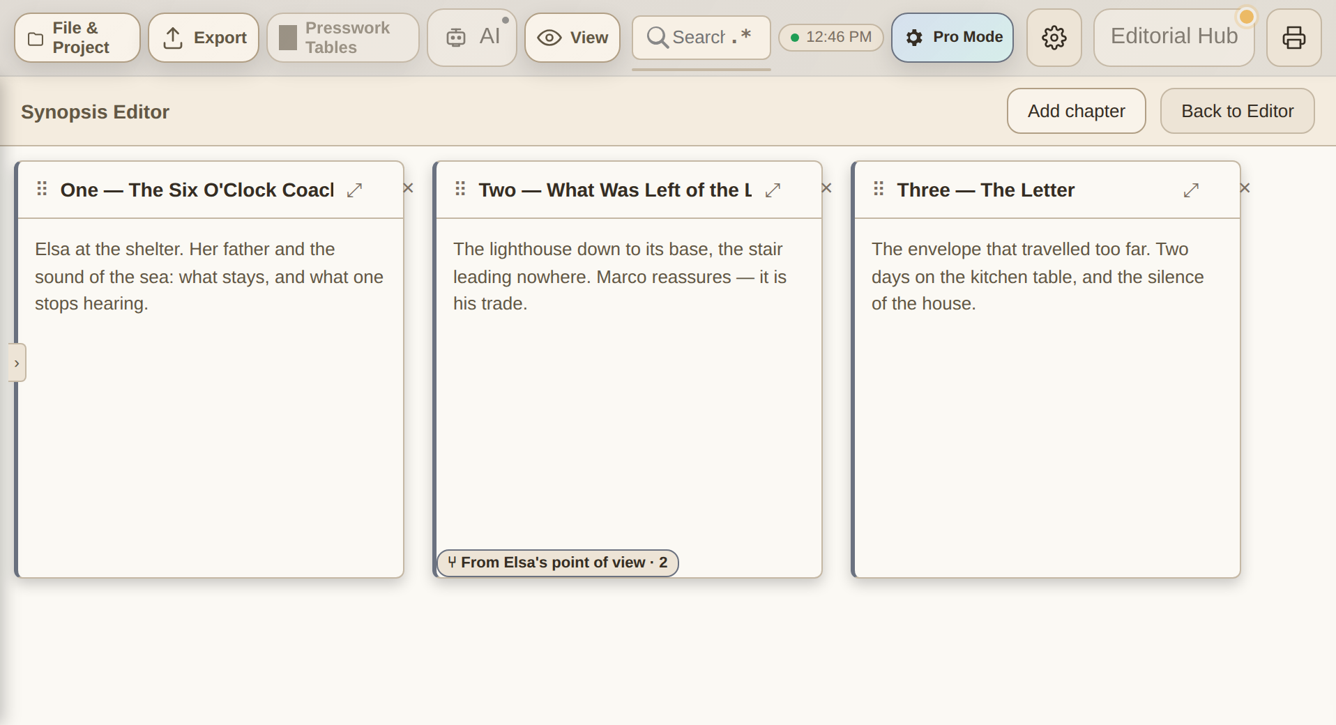 PressWork's Synopsis Editor: on a chapter card, the ⑂ pill marks that it has a variant
